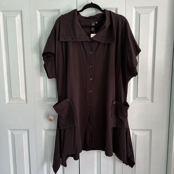 Focus Casual Life Womens Button Front Collared Tunic Top XL Black - Picture 1 of 12
